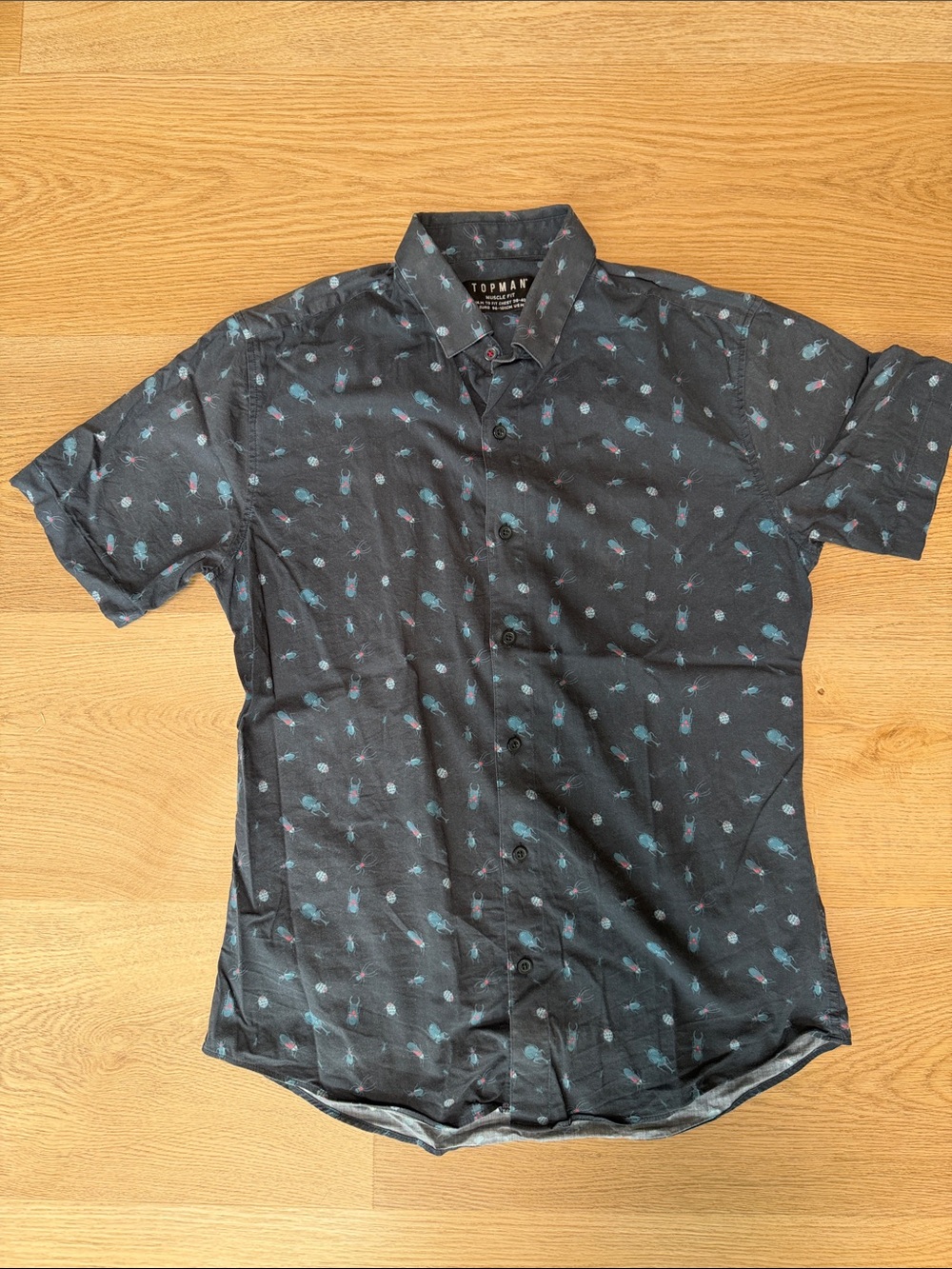 Topman Navy Short-Sleeve Button-Down Shirt with insect Print